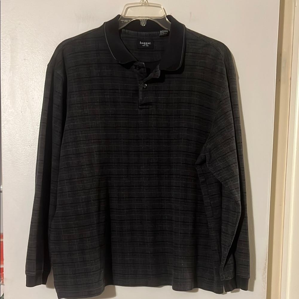 Haggar Men's Gray/Black plaid long sleeve polo shirt
